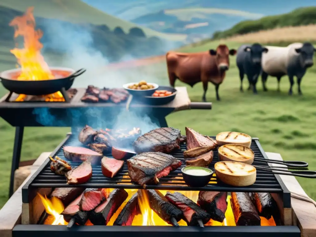 Un asado uruguayo tradicional cocinándose en una parrilla rústica sobre llamas abiertas, rodeado de amigos ansiosos