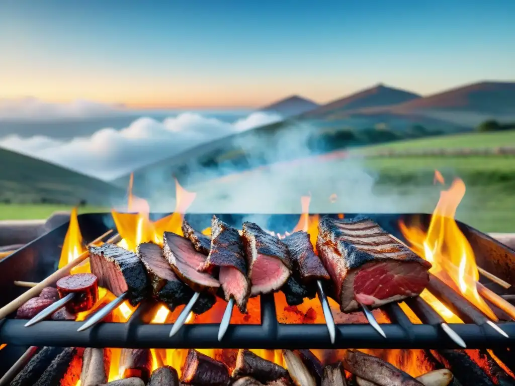 Un asado uruguayo tradicional se prepara en una parrilla, rodeado de amigos y familiares ansiosos por disfrutar juntos