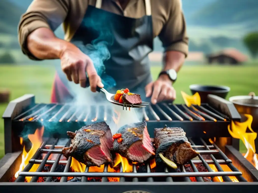 Un asado uruguayo tradicional se prepara con maestría en una parrilla rústica, evocando historia y tradición culinaria