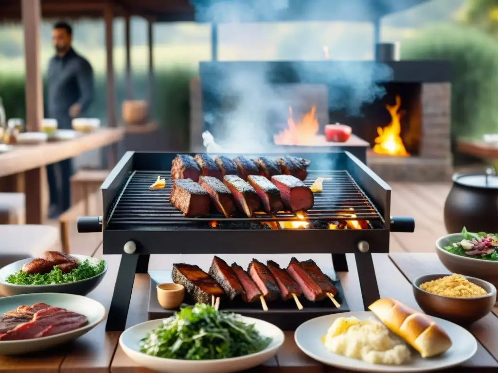 Un asado uruguayo tradicional en un patio rústico al atardecer