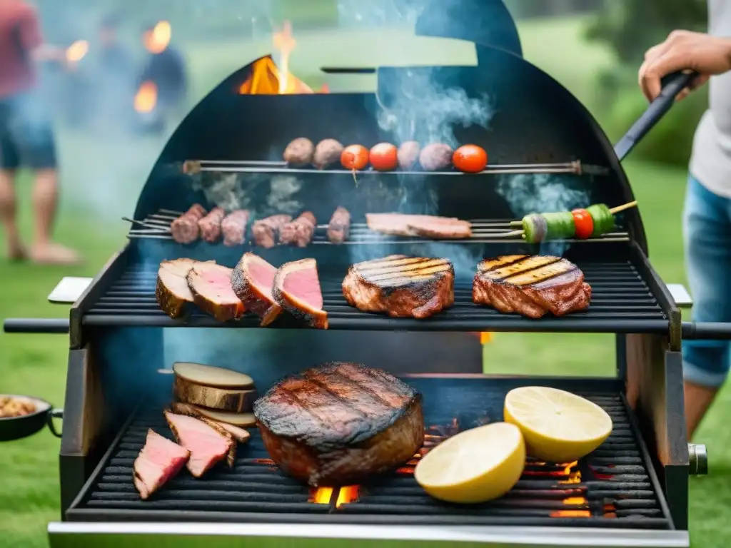 Un asado uruguayo tradicional en un patio verde, mostrando cortes de carne sobre brasas calientes, rodeado de amigos