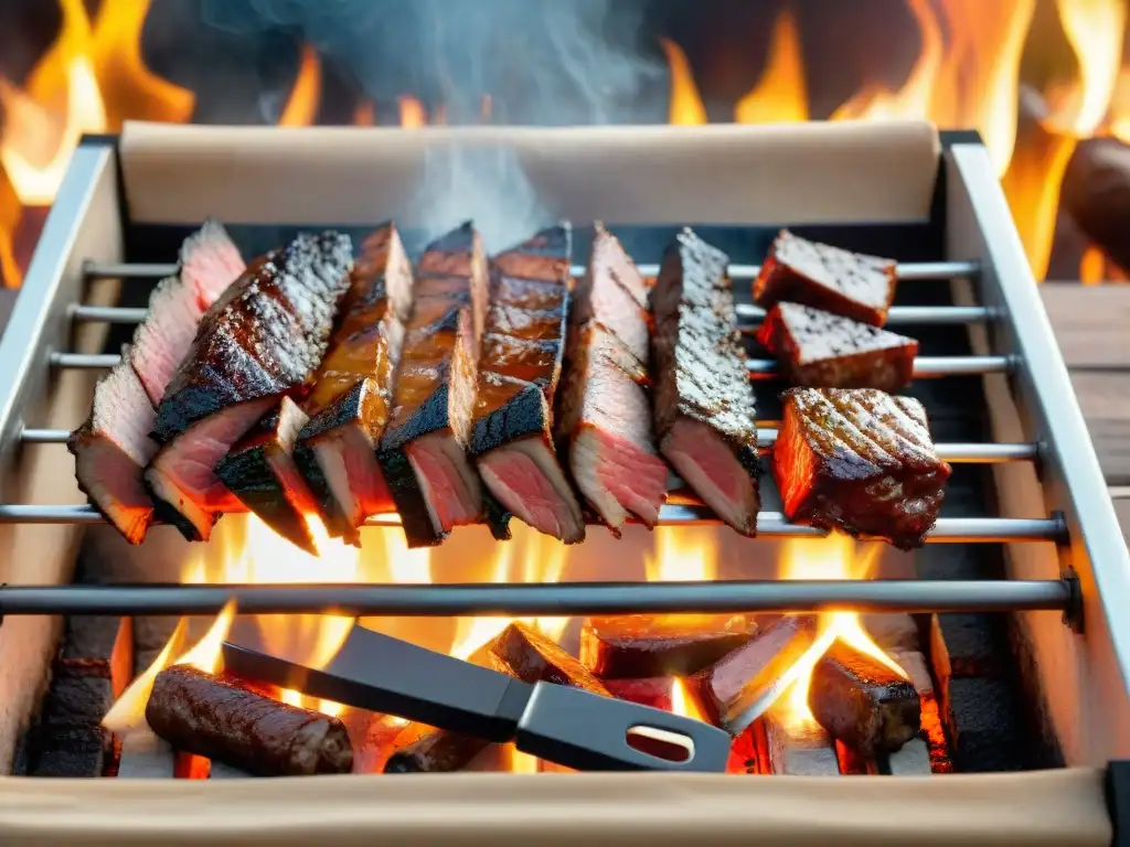 Un asado uruguayo tradicional con Piedras de Sal para Asar realza la maestría culinaria en una parrilla rústica iluminada