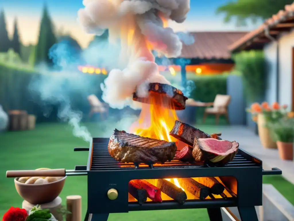 Un asado uruguayo tradicional en un pintoresco jardín, evocando nostalgia e infancia con diversidad y alegría