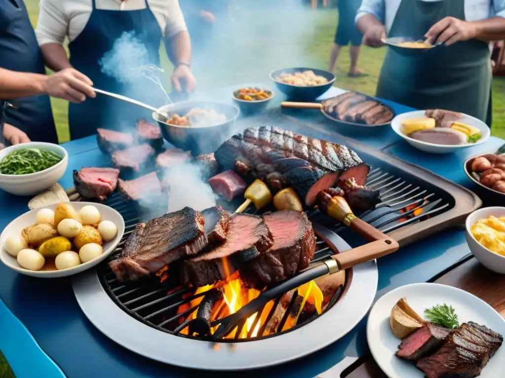 Un asado uruguayo tradicional con platos icónicos y ambiente familiar bajo el cielo azul