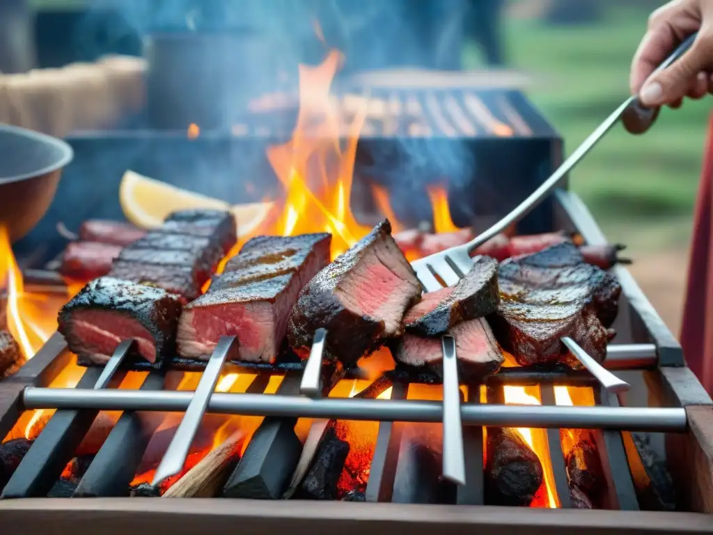 Un asado uruguayo tradicional en plena pampa, con cortes premium y un gaucho experto en la parrilla