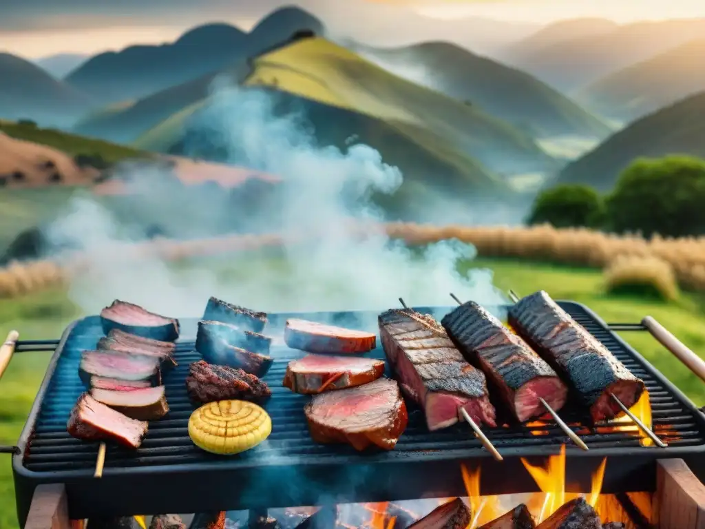 Un asado uruguayo tradicional en plena preparación por gauchos en un paisaje campestre