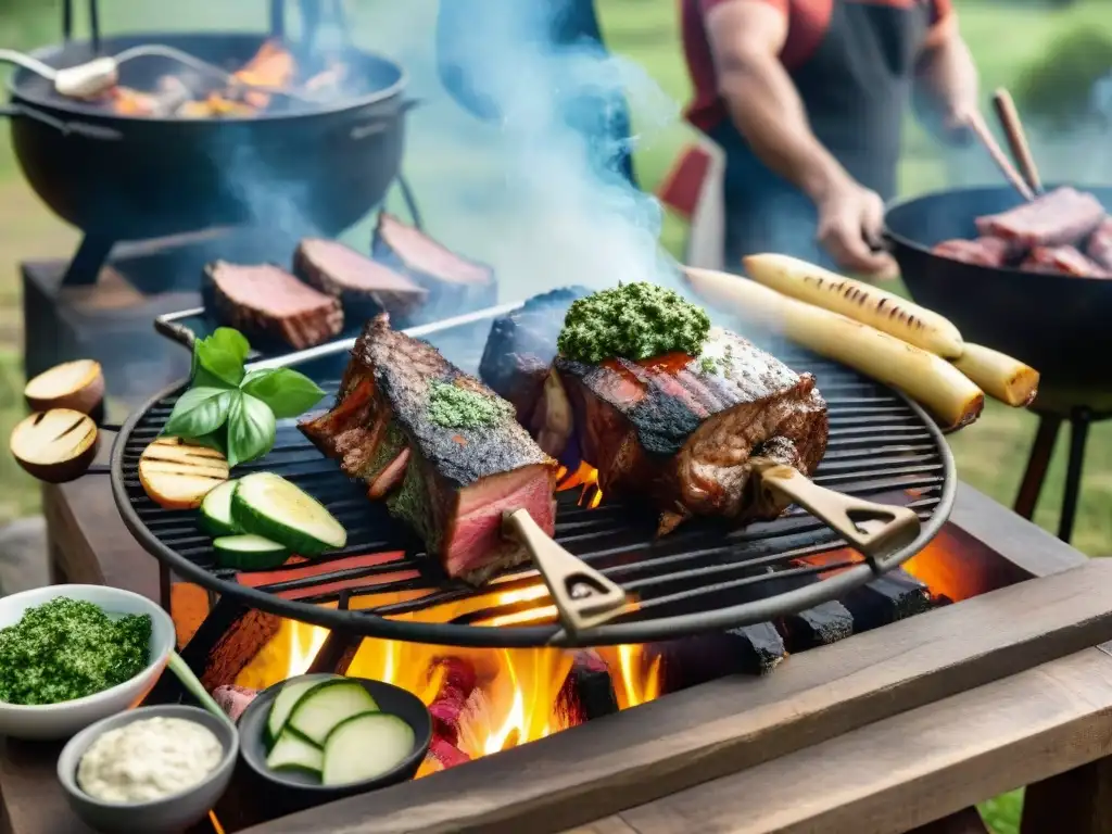 Un asado uruguayo tradicional en pleno lanzamiento producto estilo asado uruguayo, con amigos disfrutando alrededor de la parrilla