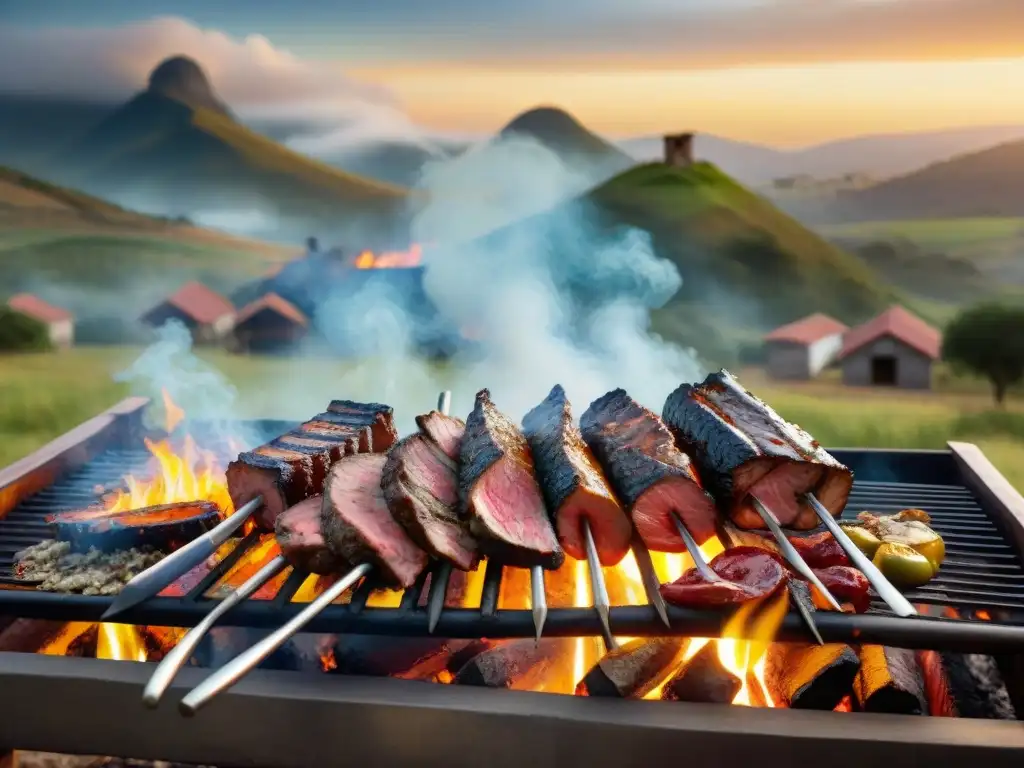 Un asado uruguayo tradicional en pleno apogeo, rodeado de naturaleza y con una puesta de sol vibrante