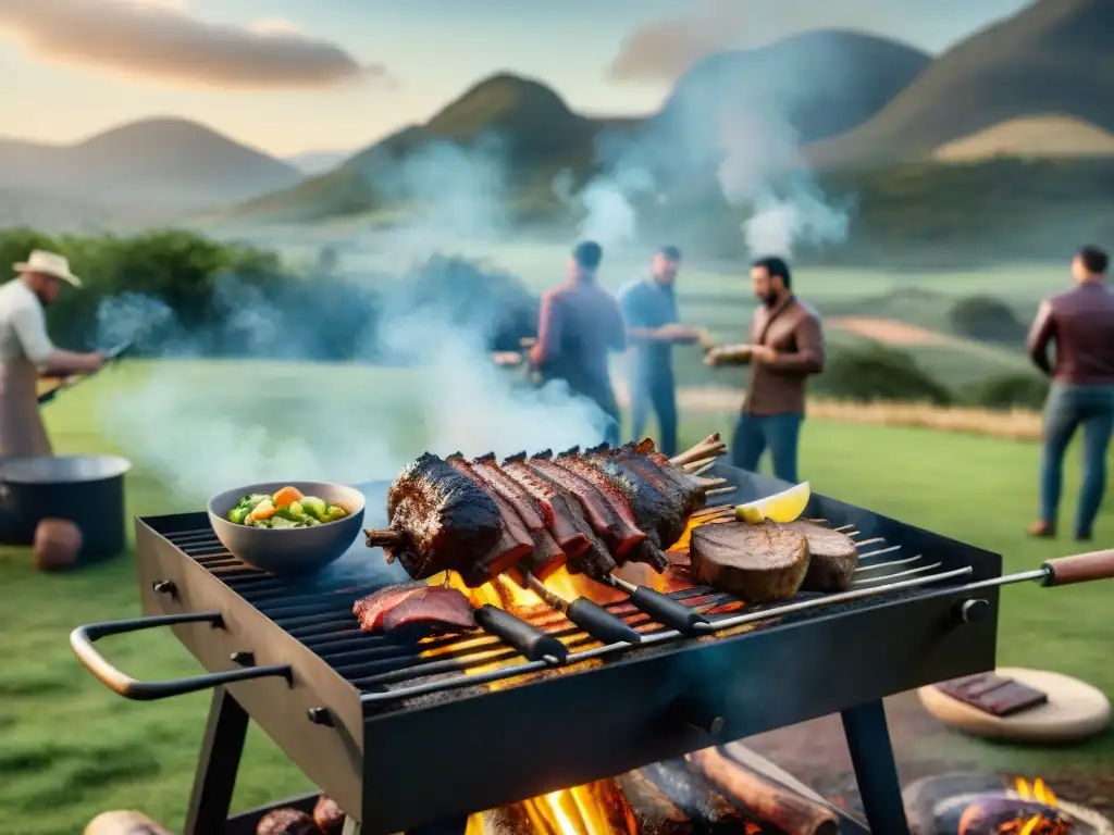 Un asado uruguayo tradicional con prácticas sostenibles, amigos reunidos alrededor de la parrilla en el campo