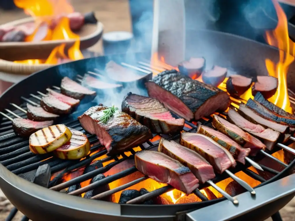 Un asado uruguayo tradicional en progreso, expertos asadores cuidan la carne sobre brasas calientes