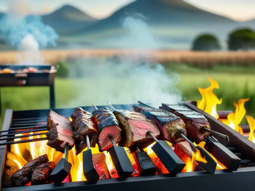 Un asado uruguayo tradicional con recetas de salsas caseras, rodeado de naturaleza y humeante carne a la parrilla