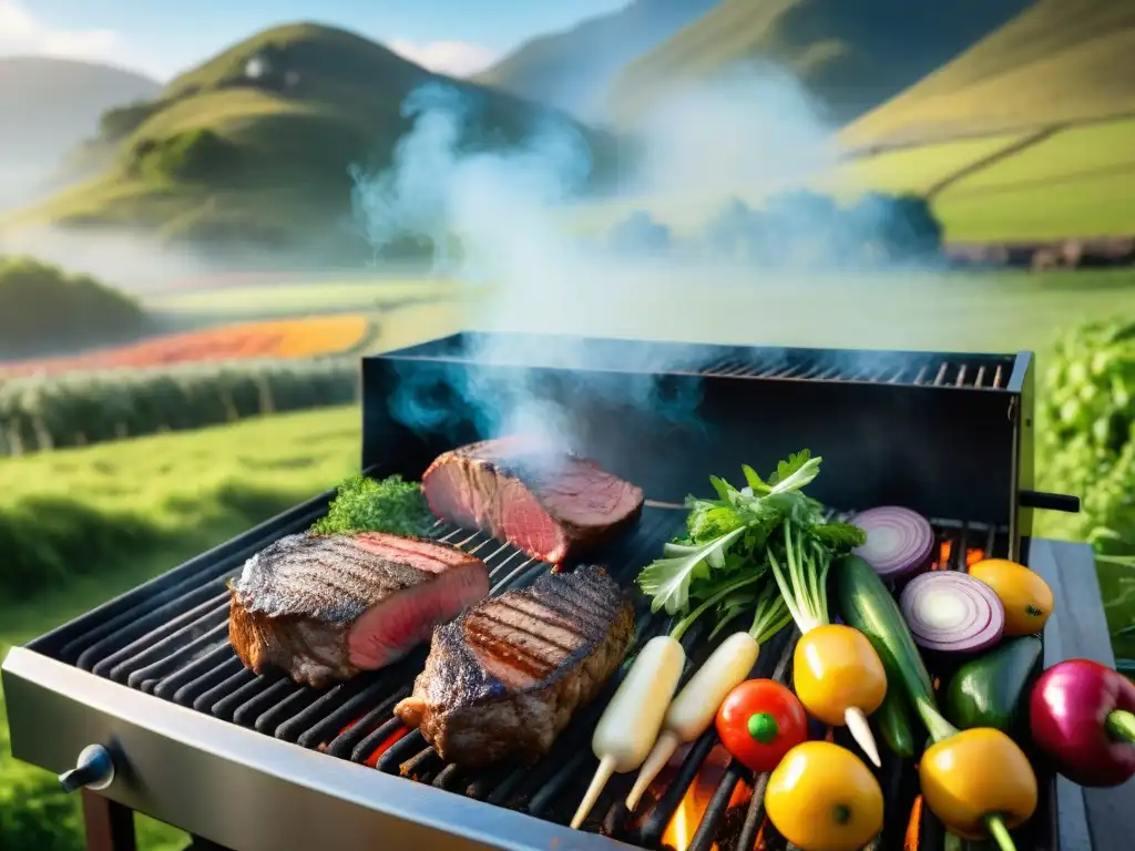 Un asado uruguayo tradicional rodeado de naturaleza exuberante, destacando técnicas ecológicas y una conexión profunda con la naturaleza