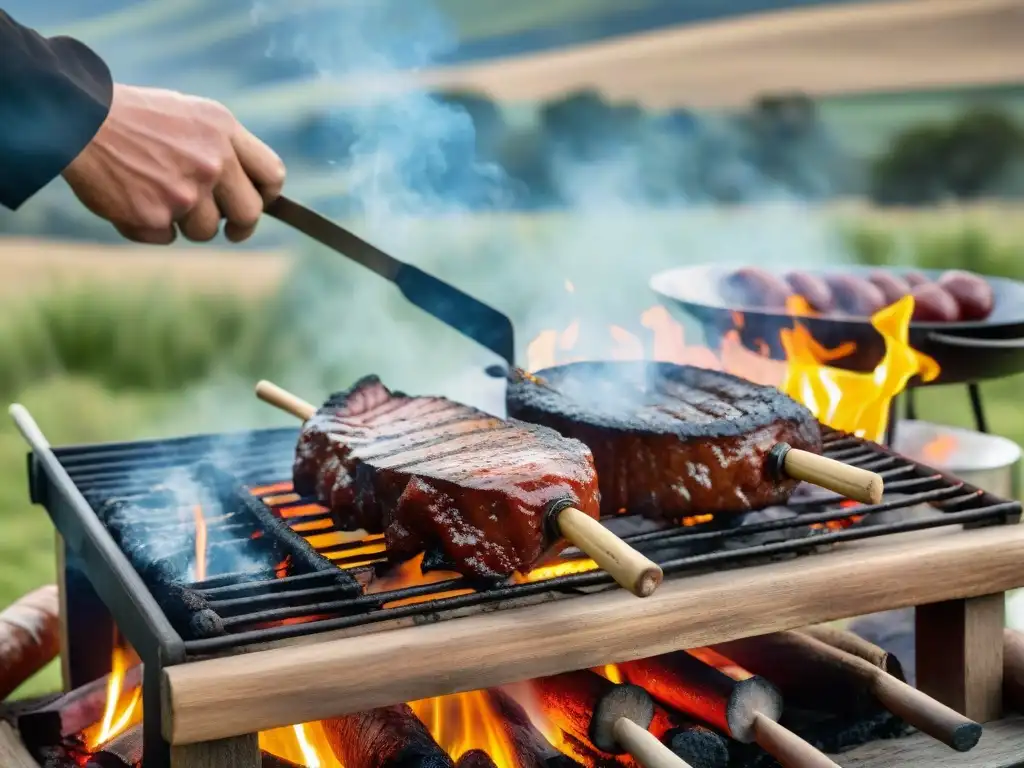 Un asado uruguayo tradicional en la ruta histórica del asado uruguayo: carnes sizzling, paisaje campestre y gauchos compartiendo la tradición