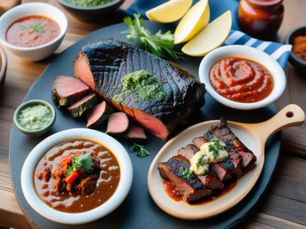 Un asado uruguayo tradicional con salsas y carnes a la parrilla, en una mesa de madera rústica al atardecer