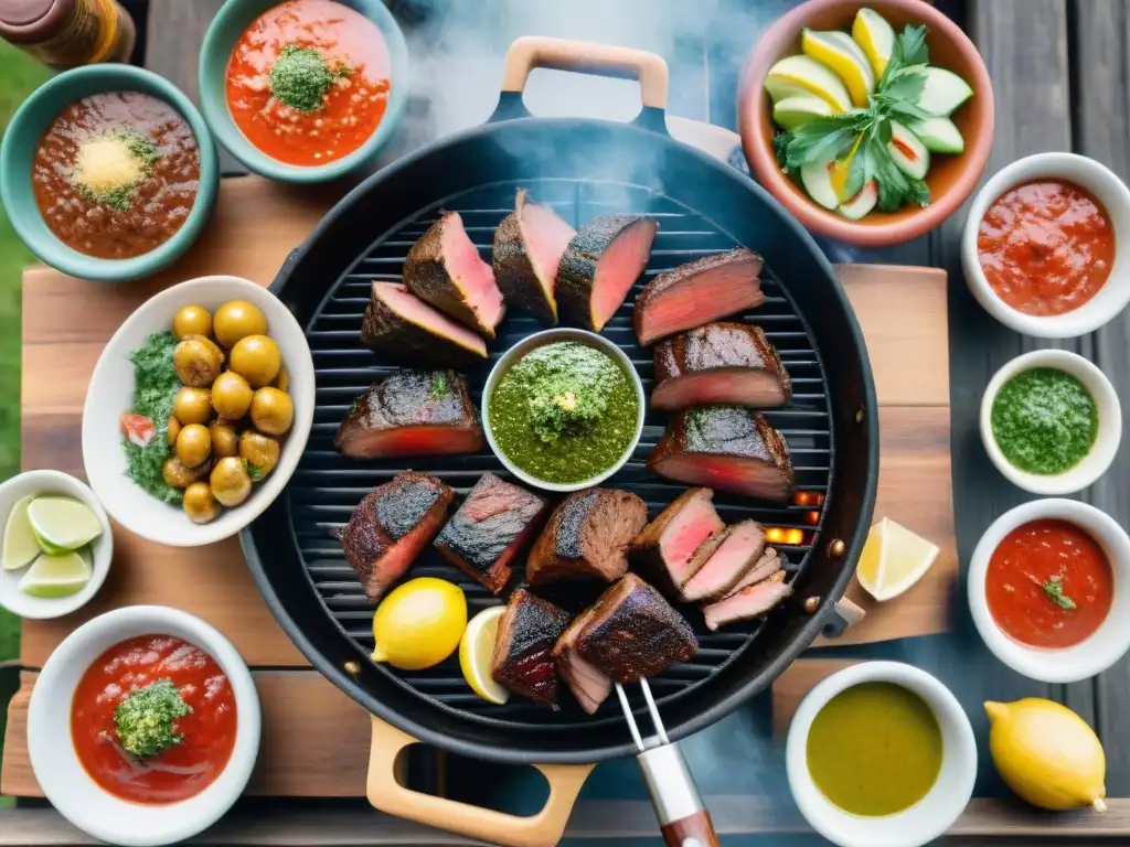 Un asado uruguayo tradicional con salsas regionales, carnes y condimentos en un entorno campestre pintoresco