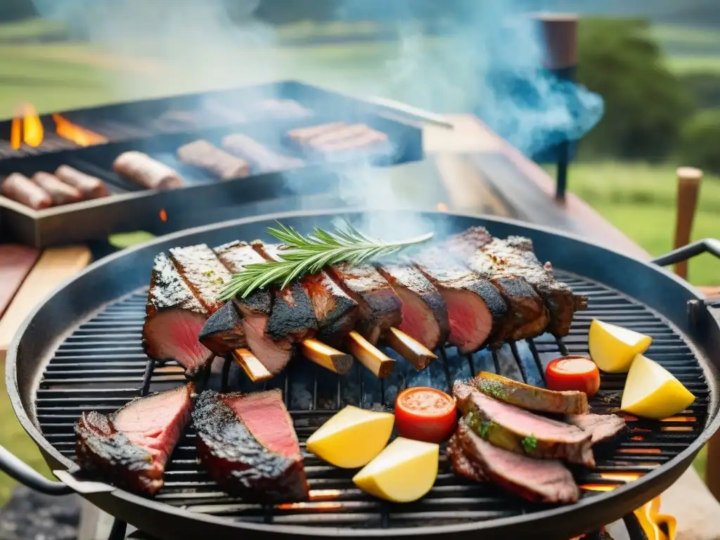 Un asado uruguayo tradicional con Secretos del asado uruguayo en la campiña, carne al fuego y gaúcho