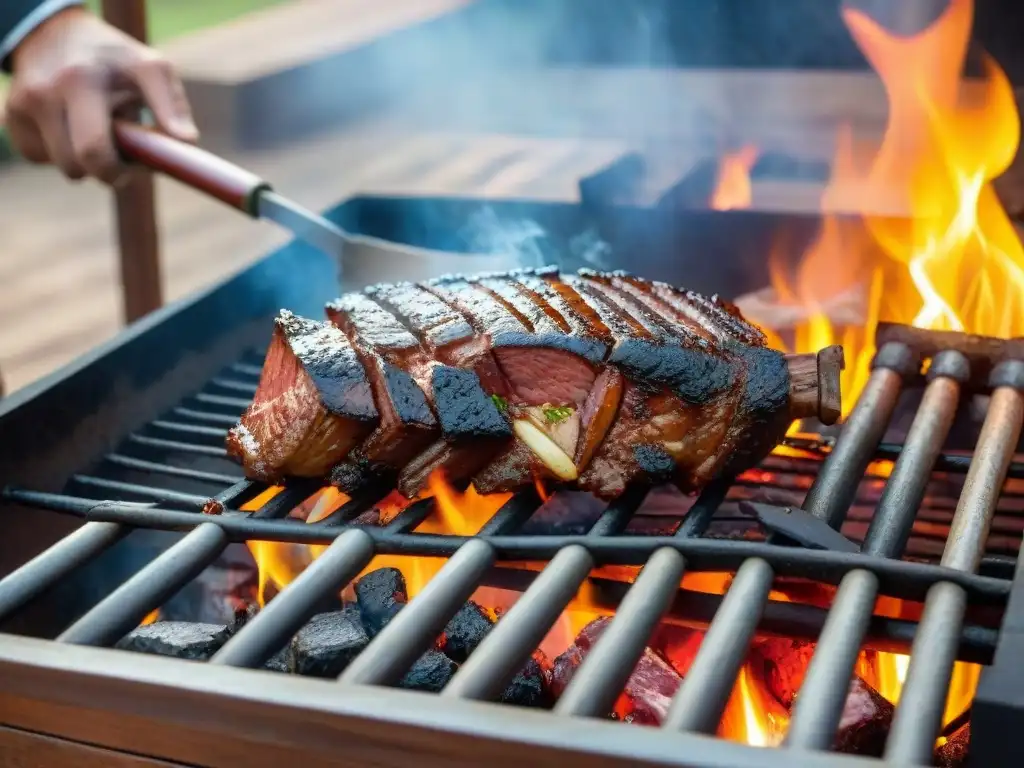 Un asado uruguayo tradicional con todos los secretos de las parrillas, la carne sizzling y las llamas, en un ambiente rústico al atardecer