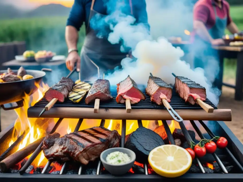 Un asado uruguayo tradicional con significado cultural, donde amigos y familia comparten alegremente alrededor de la parrilla