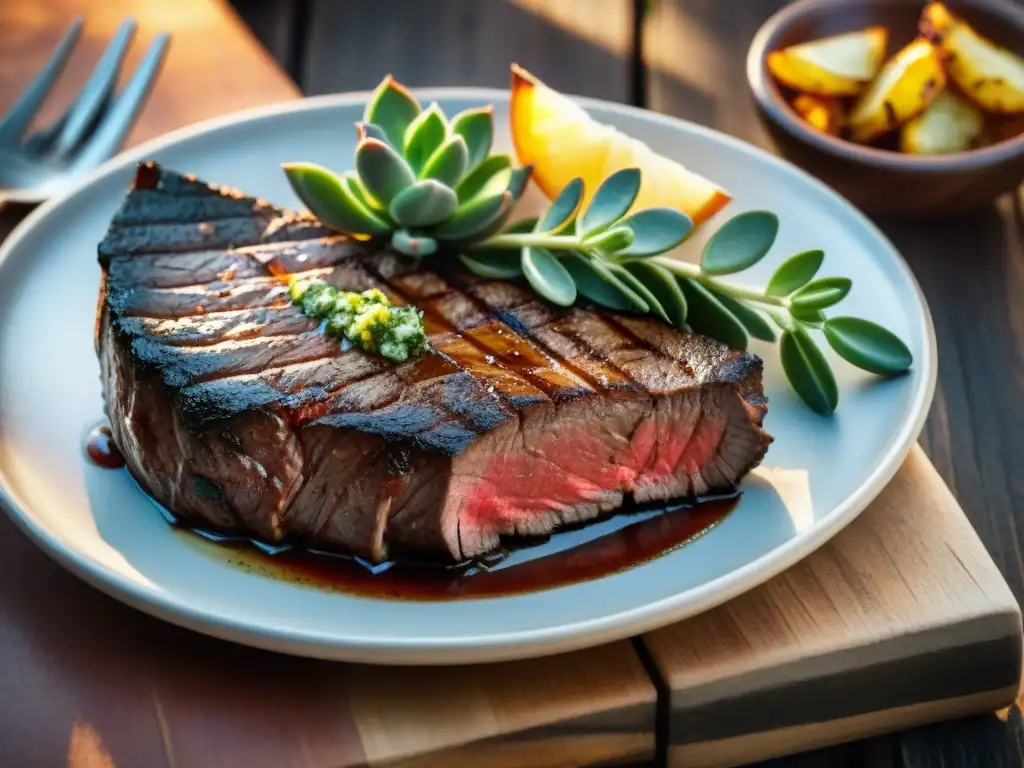 Un asado uruguayo tradicional con suculento bife, chimichurri y ensalada, destacando la importancia del asado uruguayo