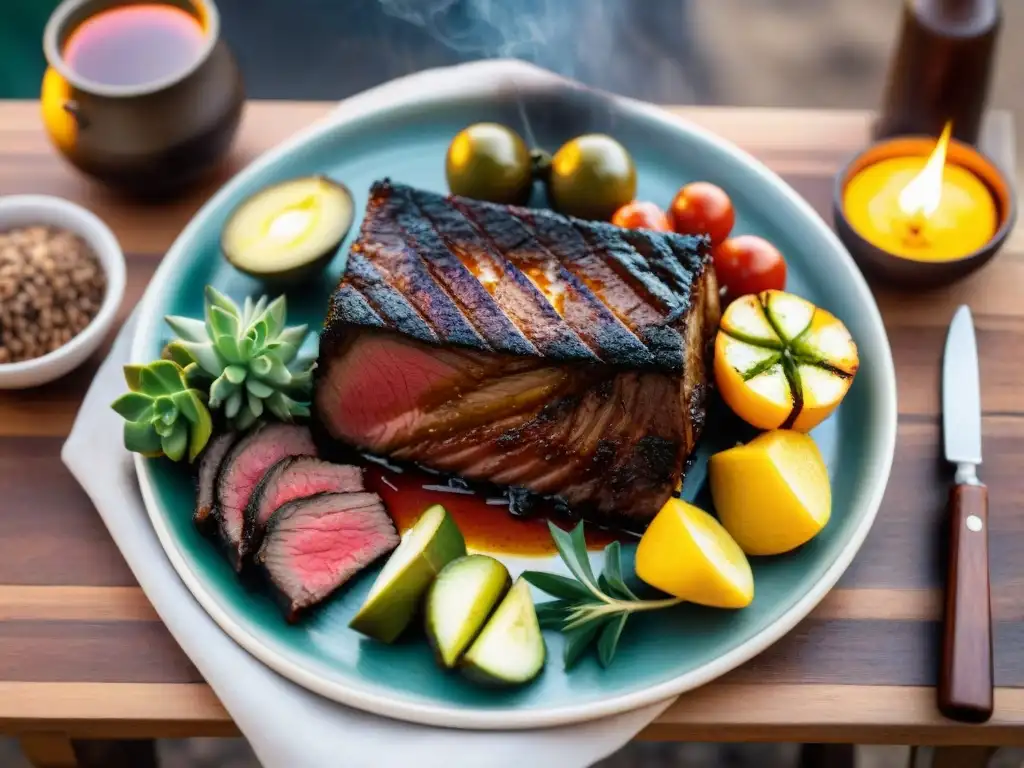 Un asado uruguayo tradicional con un suculento Matambre asado como protagonista, rodeado de guarniciones y una atmósfera cálida y acogedora