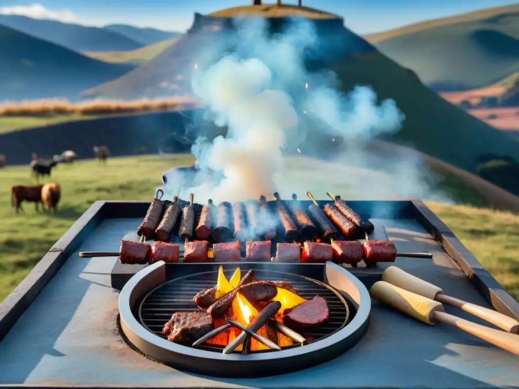 Escena épica de asado uruguayo: fuego, carne y gauchos Un asado uruguayo tradicional con técnicas ancestrales en la campiña