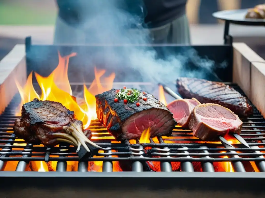 Un asado uruguayo tradicional con técnicas avanzadas de asado uruguayo, mostrando el proceso de parrilla y el respeto por los ingredientes