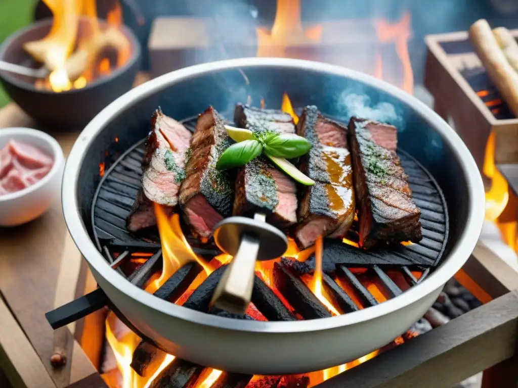 Un asado uruguayo tradicional, con técnicas de asado uruguayo tradicionales, carnes jugosas sobre brasas ardientes y amigos reunidos alrededor