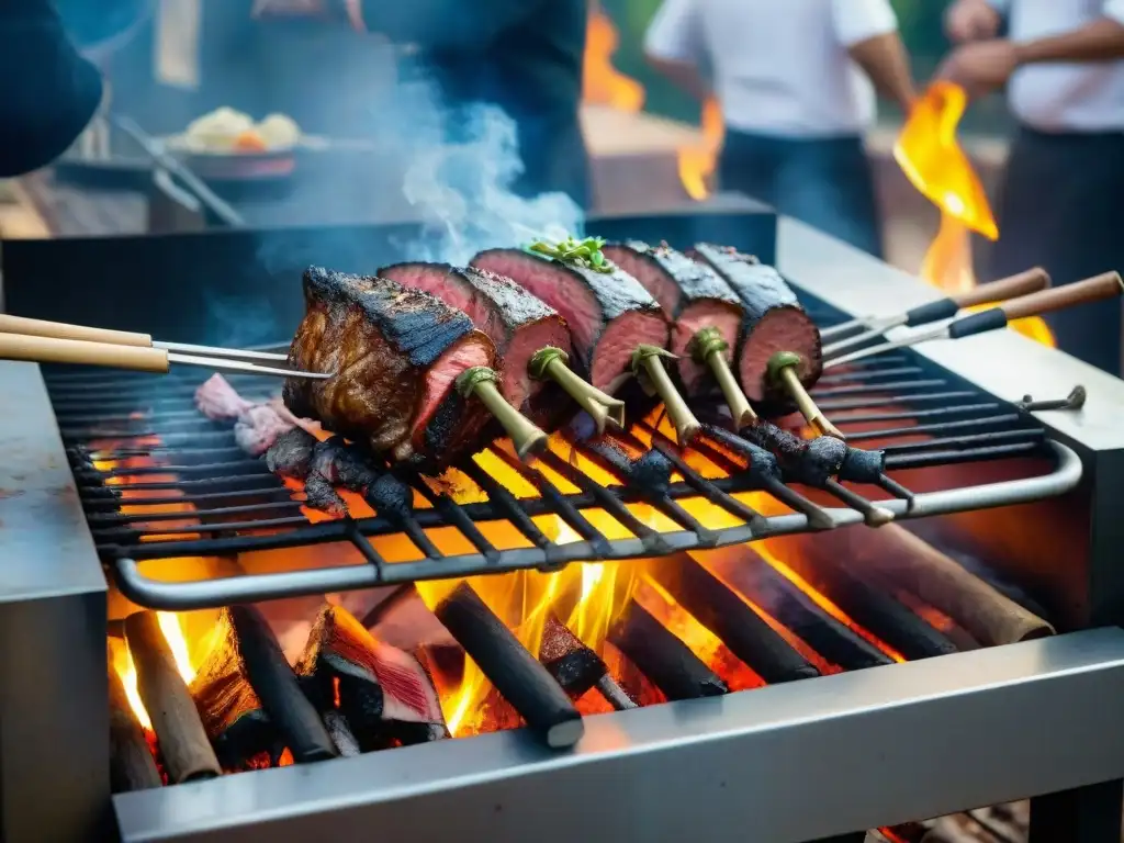 Un asado uruguayo tradicional muestra técnicas de cocina, sabor y grasas en una parrilla detallada y vibrante