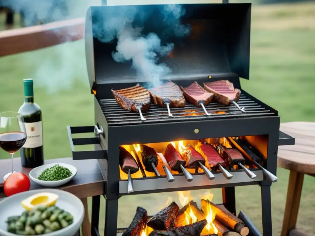 Un asado uruguayo tradicional con técnicas de asado uruguayo, carnes sizzling sobre brasas, chef experto, y escenario rústico con chimichurri y vino