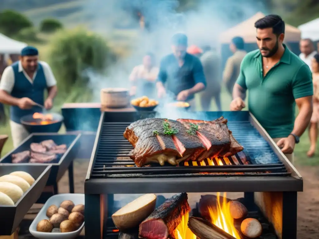 Un asado uruguayo tradicional con técnicas de asado ecológico sostenible, comunidad y diversidad