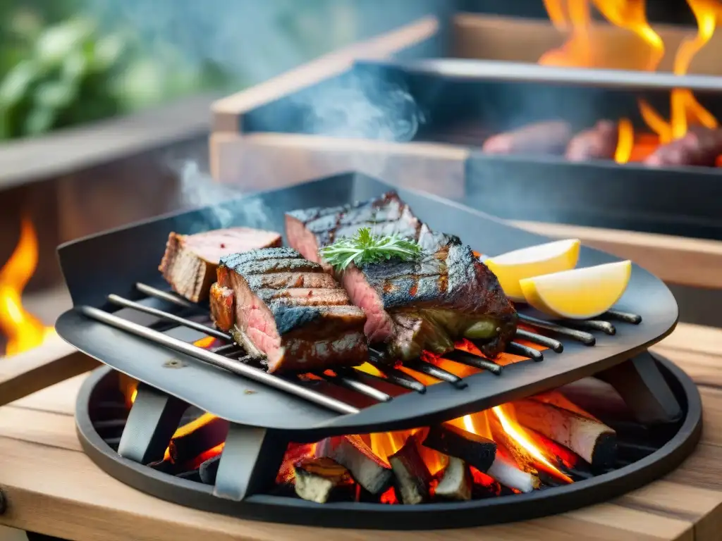 Un asado uruguayo tradicional con tipos de cortes de carne perfectamente cocidos sobre brasas calientes, acompañado de chimichurri y vino tinto