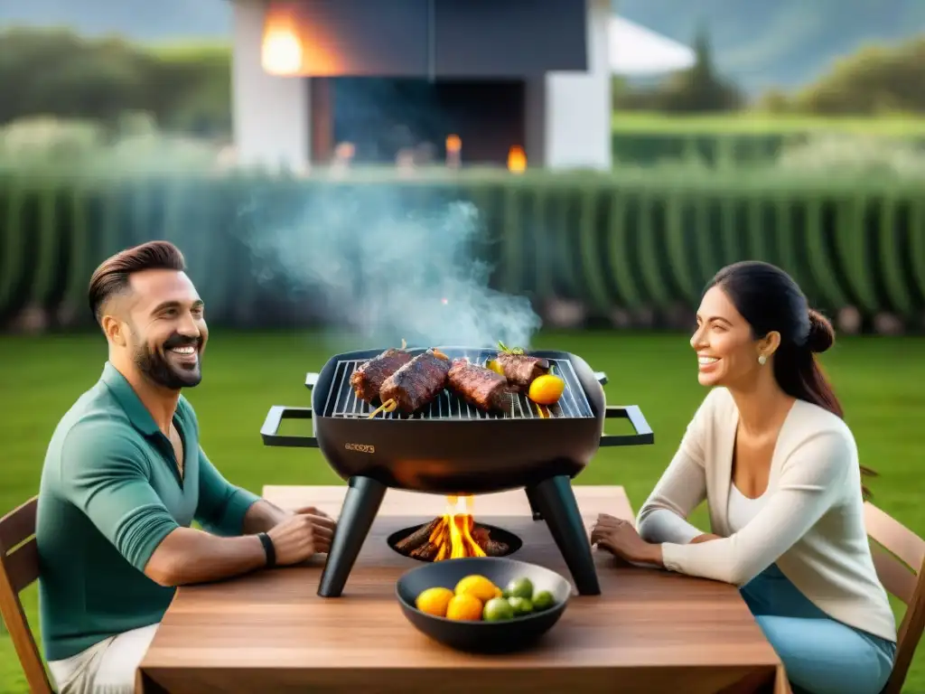 Un asado uruguayo tradicional con un toque moderno en un entorno sostenible, amigos riendo y disfrutando