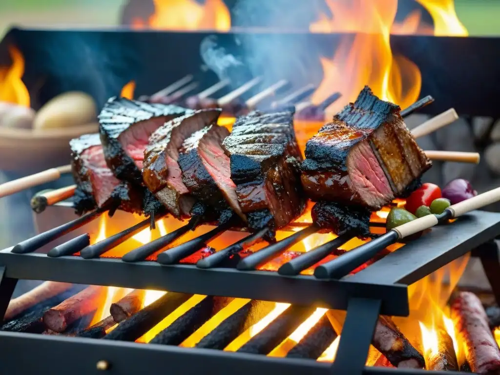 Un asado uruguayo tradicional con utensilios, carnes y vegetales a la parrilla