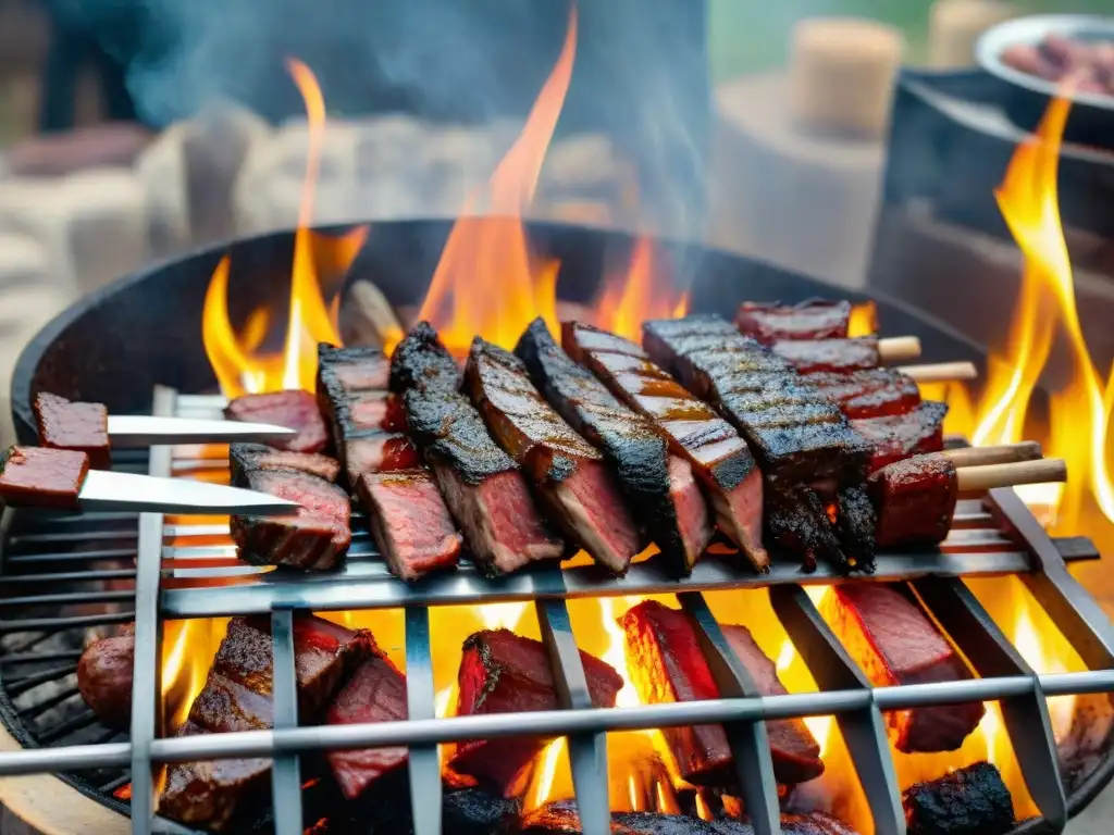 Un asado uruguayo tradicional con vacío, chorizo y morcilla a la parrilla, rodeado de gauchos en un escenario rústico