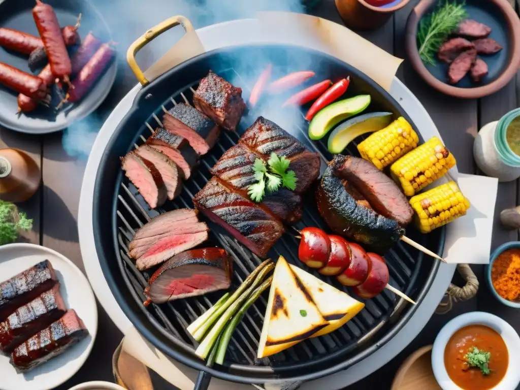 Un asado uruguayo tradicional con una variedad de carnes y verduras en una parrilla al aire libre