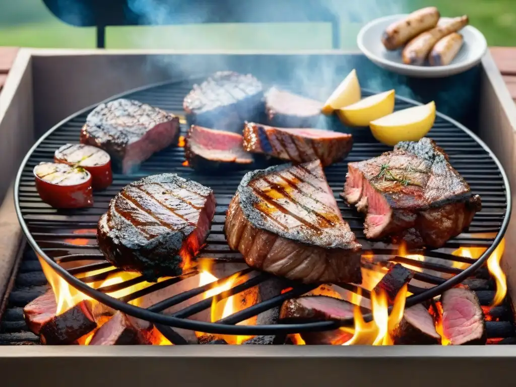 Un asado uruguayo tradicional con variedad de cortes cocinándose a la perfección sobre brasas