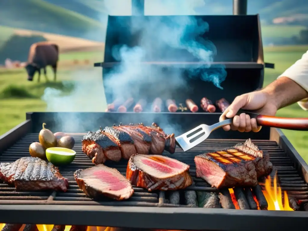 Un asado uruguayo tradicional con una variedad de carnes en la parrilla, destilando creatividad culinaria asado uruguayo