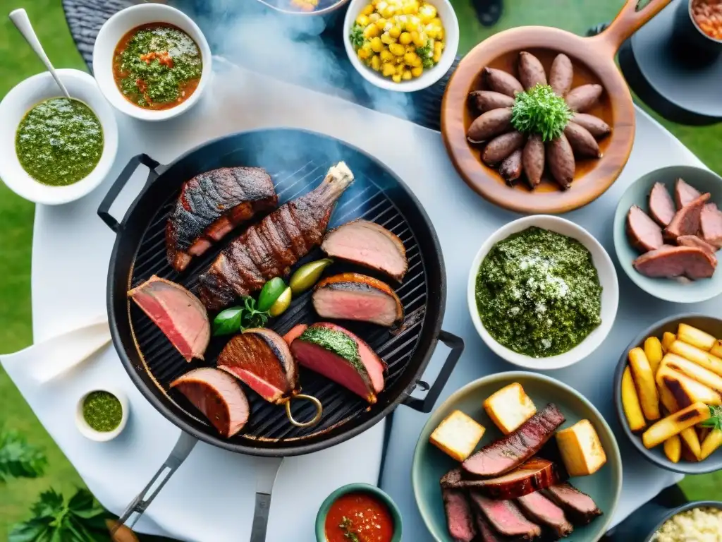 Un asado uruguayo tradicional con una variedad de carnes en la parrilla, acompañado de chimichurri y ensaladas frescas