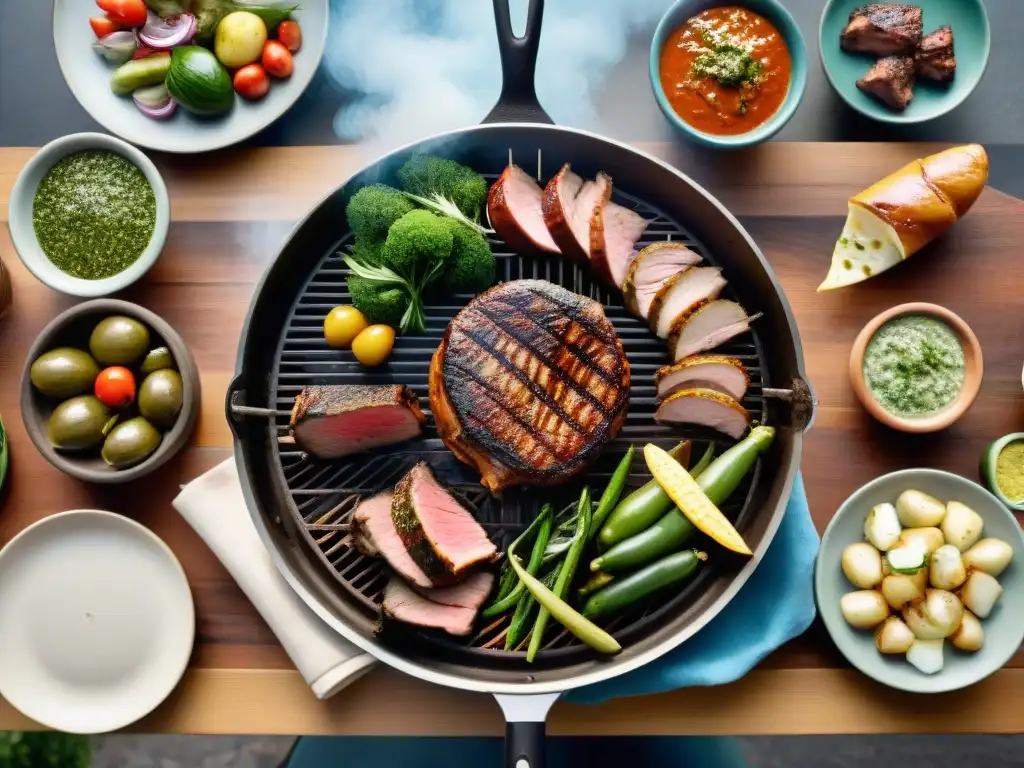 Un asado uruguayo tradicional con variedad de carnes en la parrilla, rodeado de chimichurri y vegetales frescos en una mesa de madera rústica