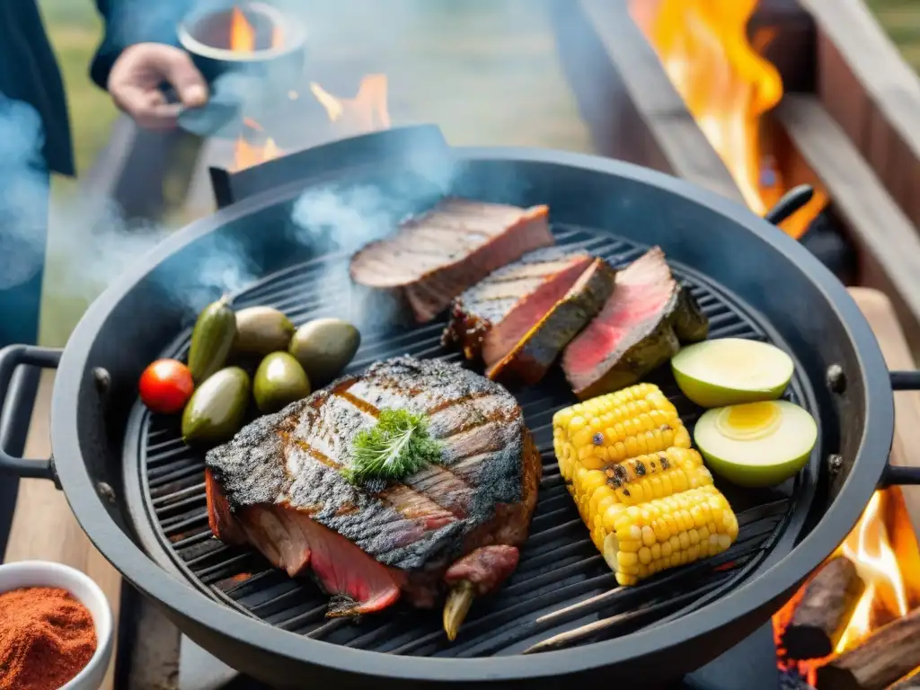 Un asado uruguayo tradicional con variedad de carnes en la parrilla, condimentos y gaucho experto