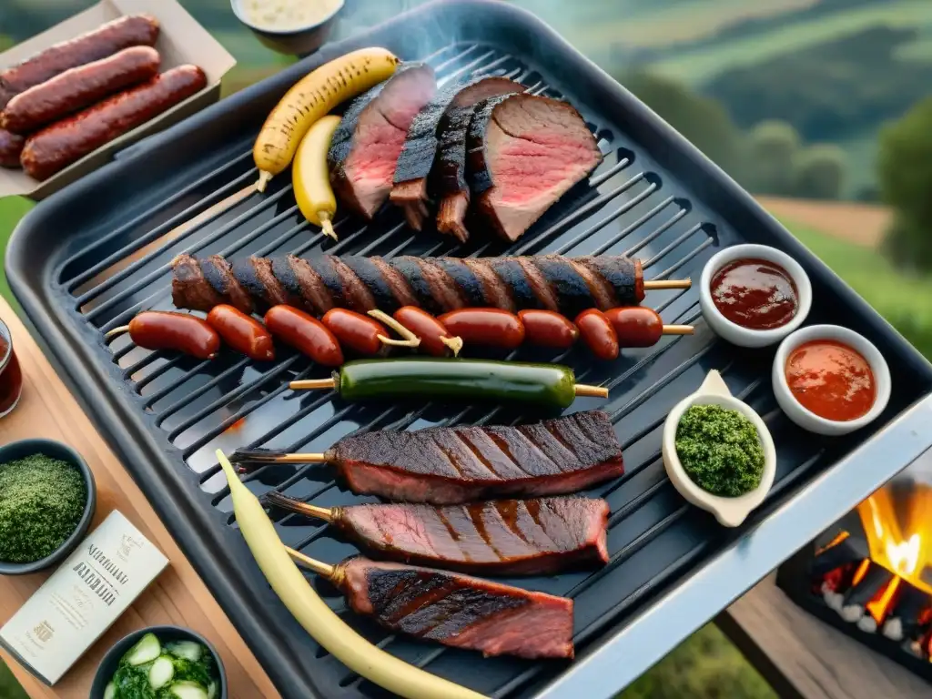 Un asado uruguayo tradicional con variedad de carnes y condimentos, cocinando a la perfección sobre brasas, con un paisaje campestre al fondo