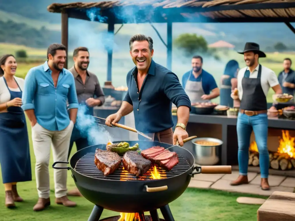 Un asado uruguayo único: amigos y familia disfrutan alrededor de la parrilla en un escenario campestre