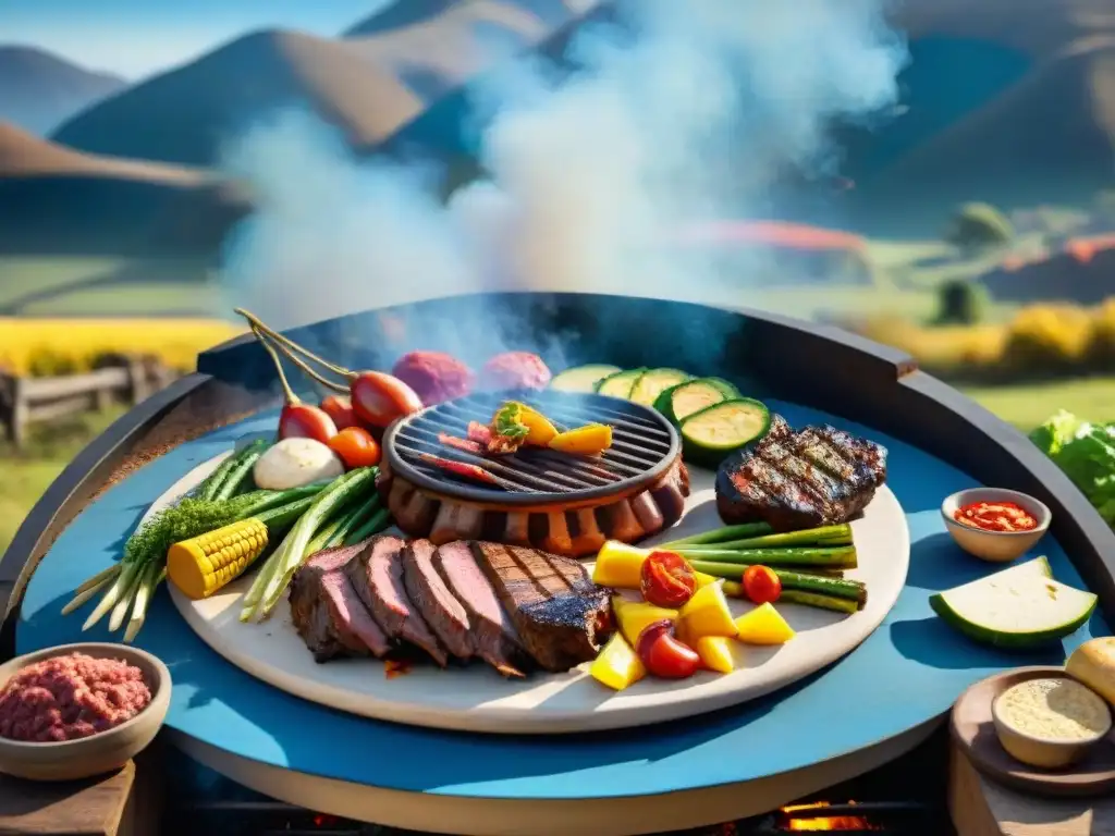 Un asado uruguayo único en una escena campestre detallada, resaltando la cultura culinaria