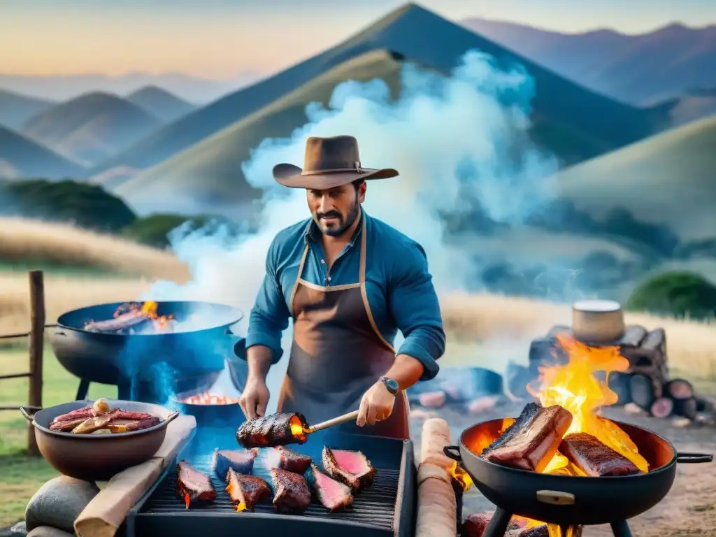 Un asado uruguayo único en un tour virtual, con gauchos preparando carne alrededor de una parrilla grande, en un paisaje campestre