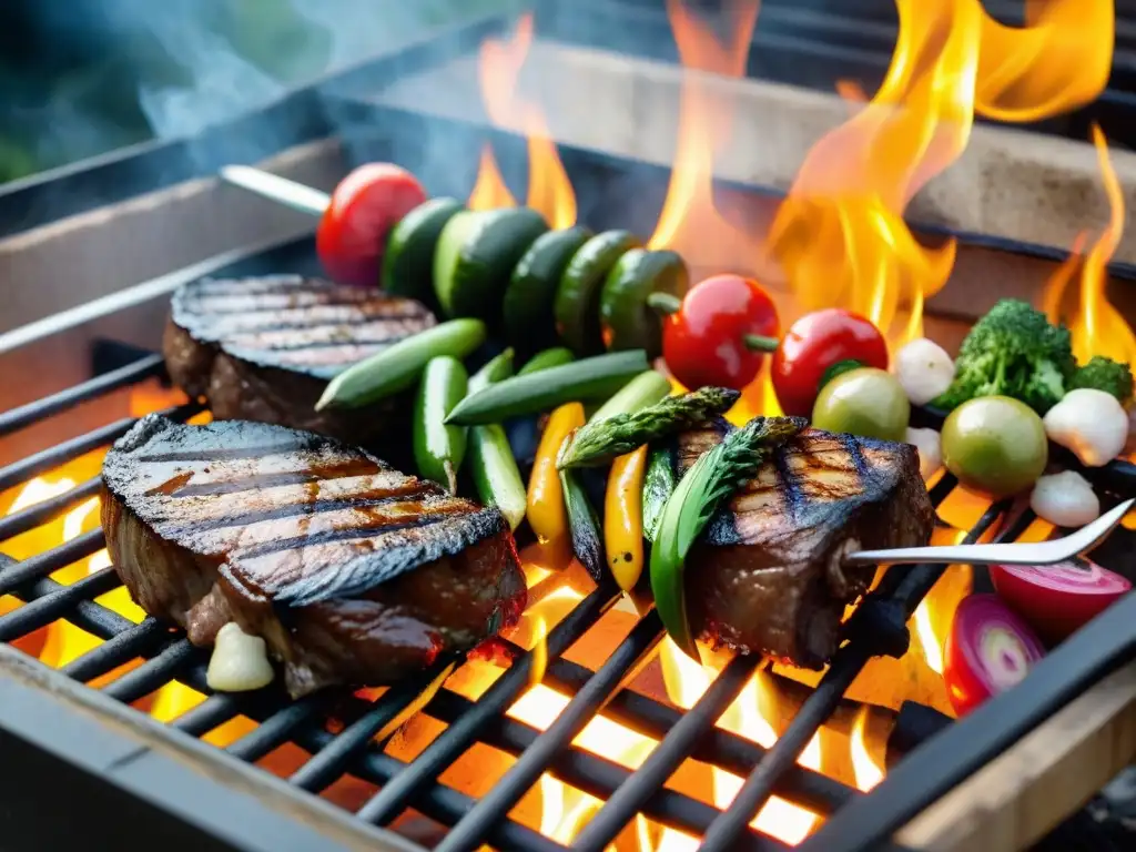 Un asado uruguayo vegetariano con vegetales y carnes a la parrilla, colores vibrantes y texturas tentadoras