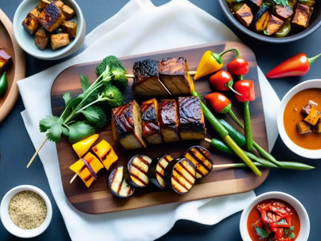 Un asado uruguayo vegetariano vibrante y delicioso con seitan chorizo, verduras a la parrilla, chiles rellenos y brochetas de tofu marinado, presentado de forma exquisita en una fuente de madera rústica