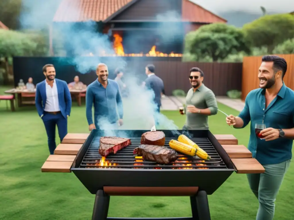 Un asado uruguayo en un jardín verde, con una parrilla repleta de carnes y vegetales, rodeada de amigos felices