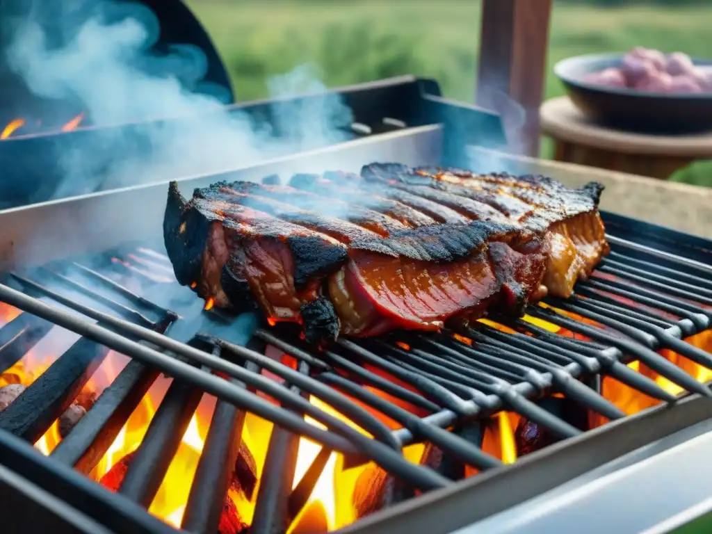 Un asado uruguayo vibrante al aire libre, mostrando cortes de carne en la parrilla, con vegetales frescos