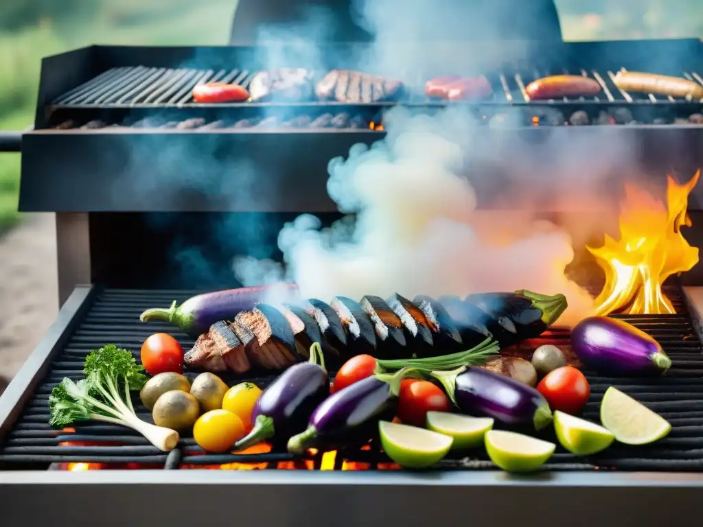 Un asado uruguayo vibrante con berenjenas asadas en parrilla rodeadas de vegetales coloridos