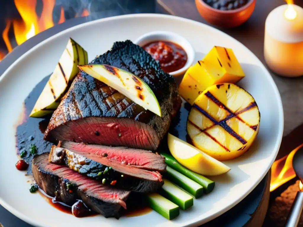 Un asado uruguayo vibrante con ingredientes exóticos como bistec de avestruz marinado en chimichurri, cactus a la parrilla, morcilla y piña asada